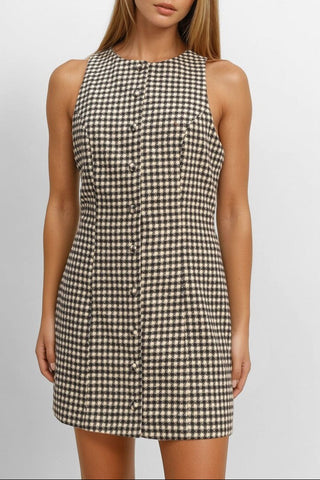 Sleeveless Houndstooth Button-Front Mini Dress