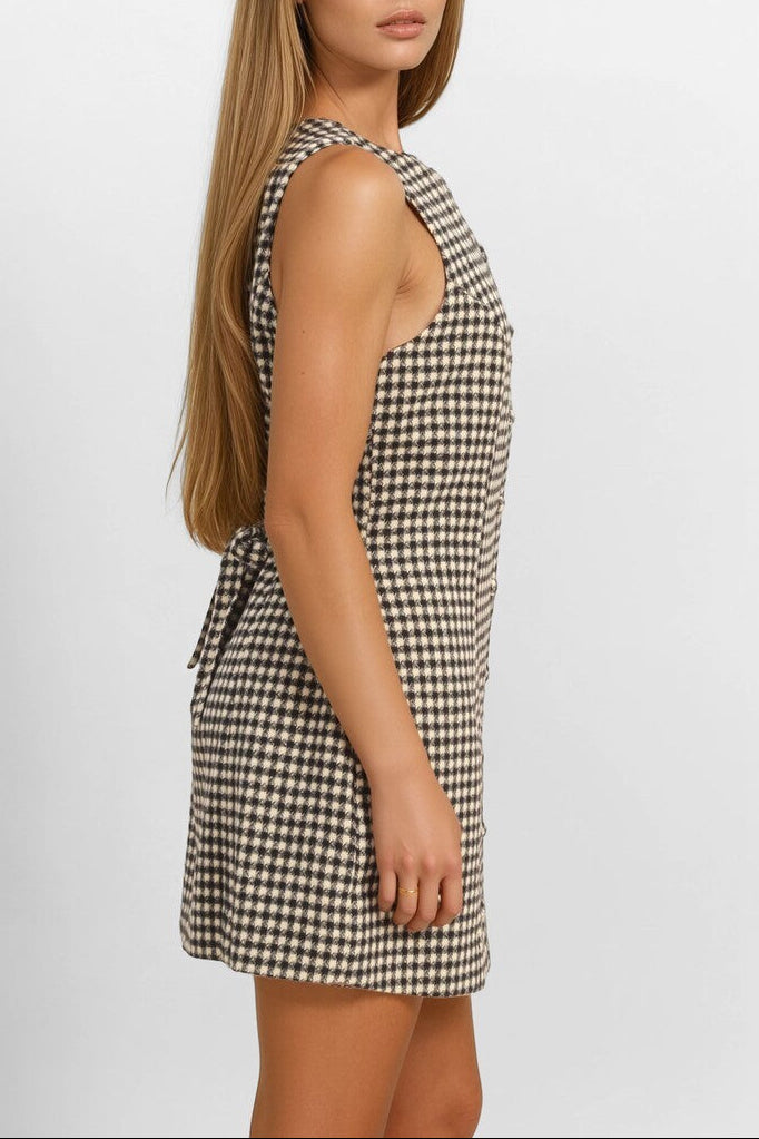  Forever 21 Sleeveless Houndstooth Button-Front Mini Dress - black-white - Bonton
