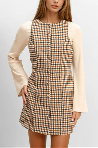 Sleeveless Houndstooth Button-Front Mini Dress