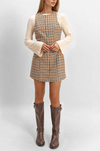 Sleeveless Houndstooth Button-Front Mini Dress