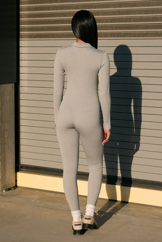Long-Sleeve Henley Seamless Ribbed Jumpsuit