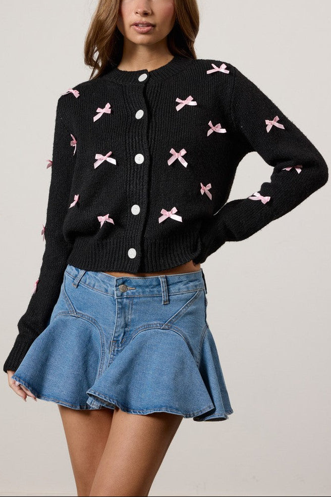  Forever 21 Bow Applique Cardigan Sweater - black pink - Bonton