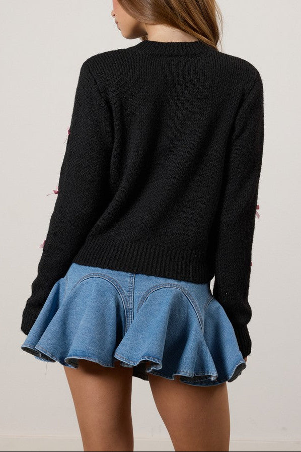  Forever 21 Bow Applique Cardigan Sweater - black pink - Bonton