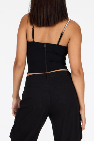 Crepe Rhinestone-Strap Bustier Top