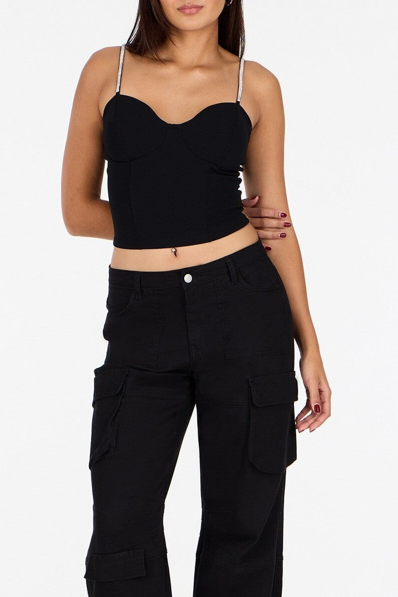  Forever 21 Crepe Rhinestone-Strap Bustier Top - black - Bonton