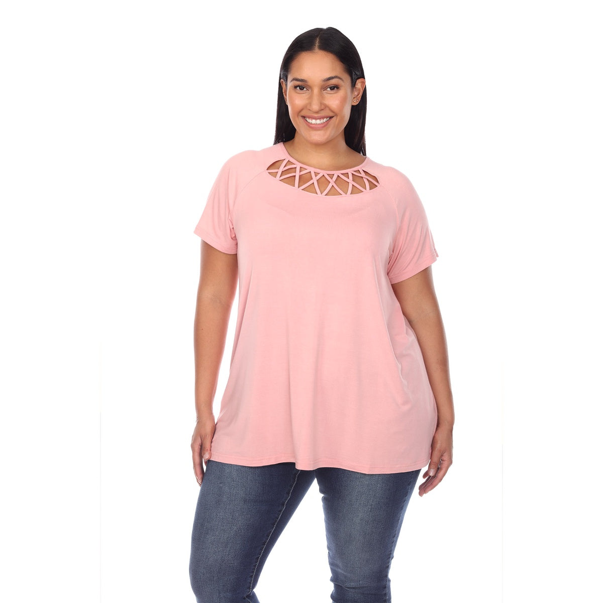  White Mark Plus Size Crisscross Cutout Short Sleeve Top - 1X - Bonton