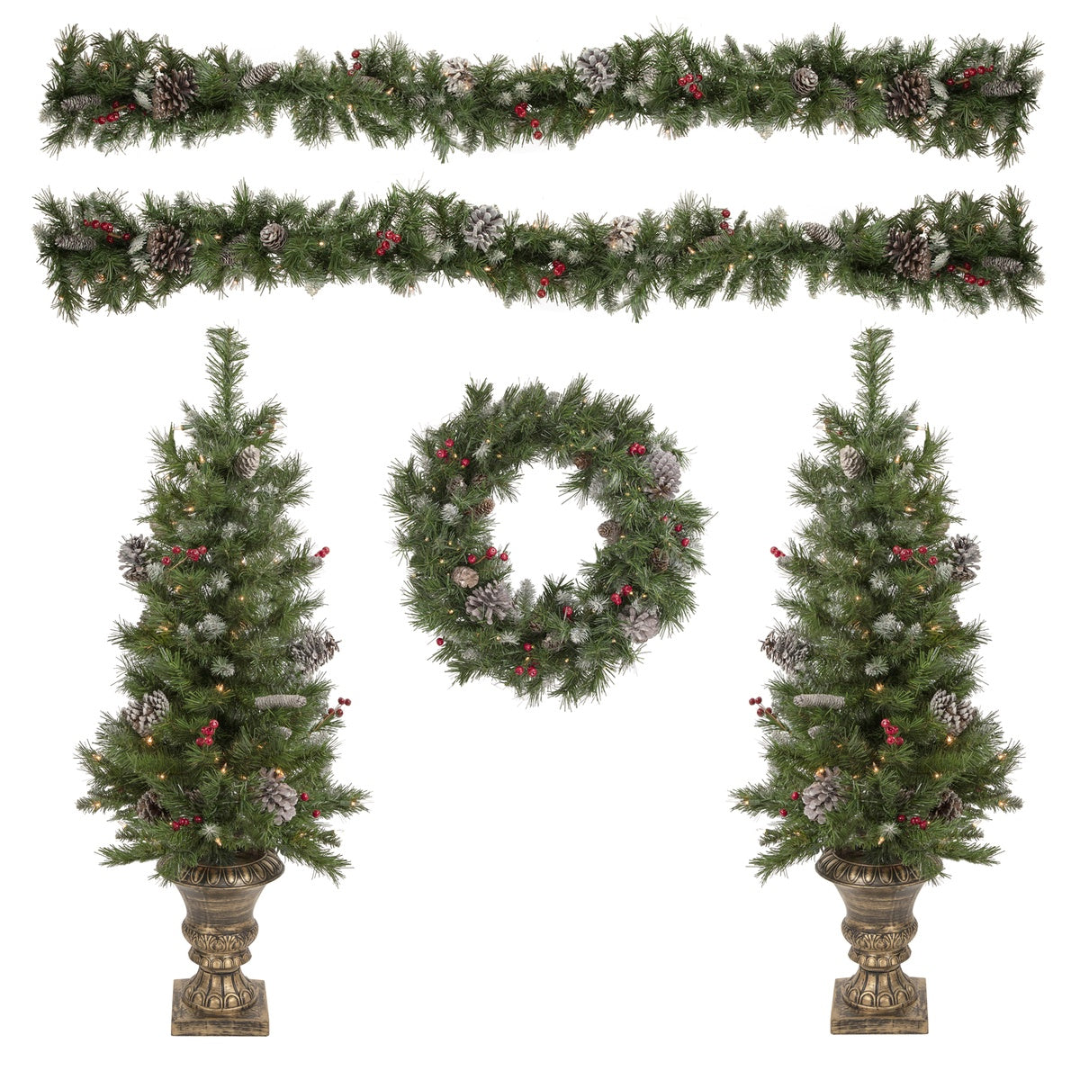  Northlight Pre-Lit Battery Operated Frosted Verona Berry Pine Artificial Christmas Set - 5-Piece - Clear Lights - Default Title - Bonton