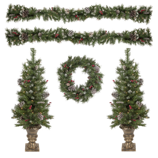 Pre-Lit Battery Operated Frosted Verona Berry Pine Artificial Christmas Set - 5-Piece - Clear Lights