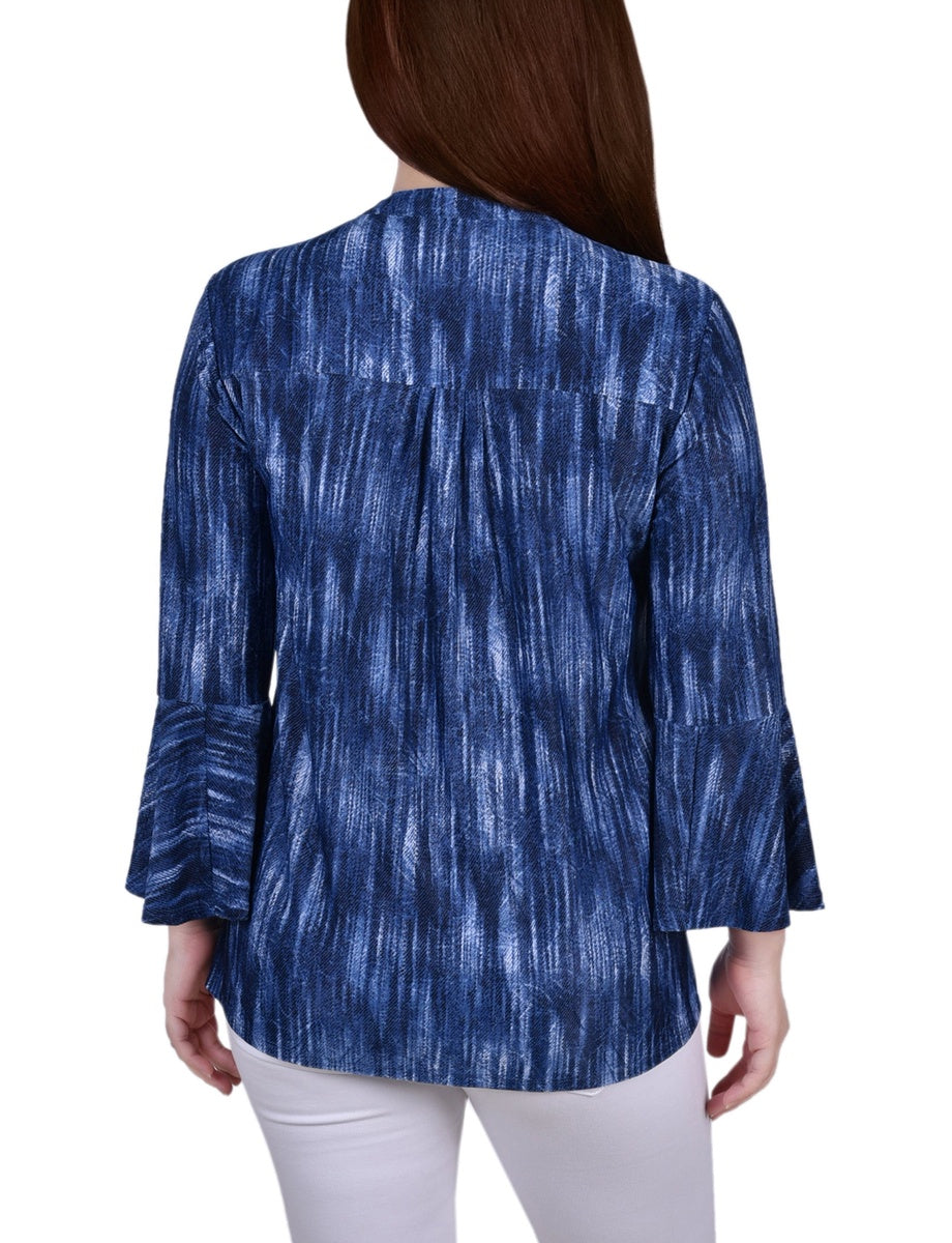  NY Collection 3/4 Bell Sleeve Pleat Front Y Neck Top - Mauve Tie Dye - Bonton