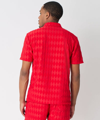 Diamond Plate Towel Color Blocked Short Sleeve Button Down Shirt - Red