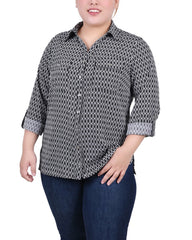 Plus Size 3/4 Sleeve Roll Tab Notch Collar Blouse