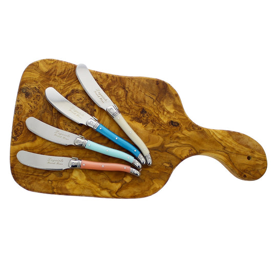 Laguiole Set of 4 Spreaders With a 14-Inch Olive Wood Cheese Board