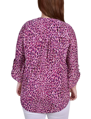 Plus Size 3/4 Sleeve Overlapped Bell Sleeve Y Neck Top