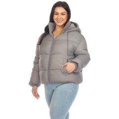 Plus Size Full Front Zip Hooded Bomber Puffer Coat