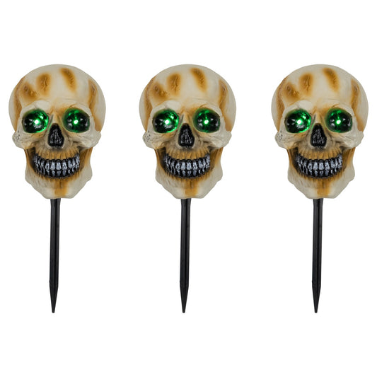 Set of 3 Lighted Skeleton Head Halloween Pathway Markers With Sound - Battery Operated