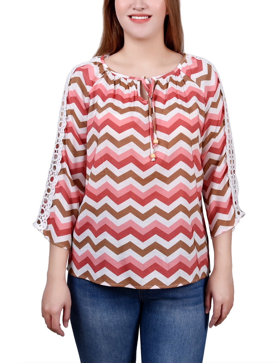  NY Collection 3/4 Sleeve Crochet Detail Blouse - Blue - Bonton