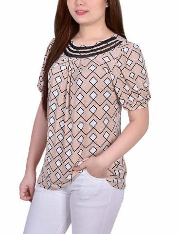 Petite Short Puff Sleeve Mesh Inset Top