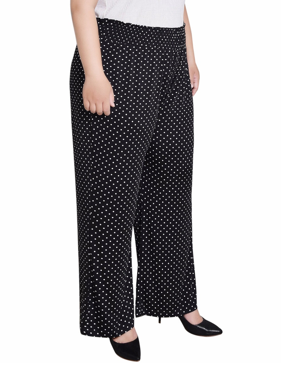  NY Collection Plus Size  Smocked-Waist Pants - Black White Dot - Bonton