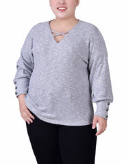 Plus Size Long Sleeve Criss Cross Neck Pullover Top