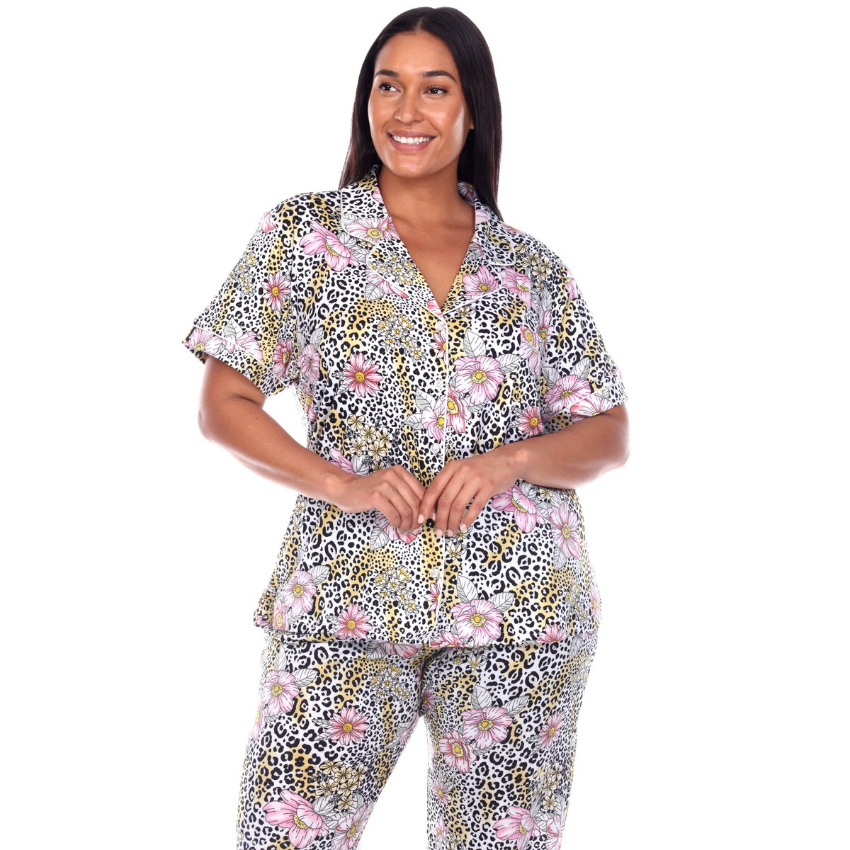  White Mark Plus Size Short Sleeve & Pants Tropical Pajama Set - 1X - Bonton