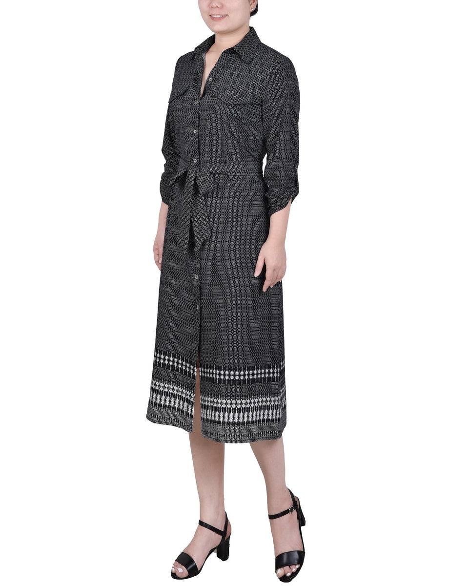  NY Collection 3/4 Roll Tab Sleeve Belted Shirtdress - Black Border - Bonton