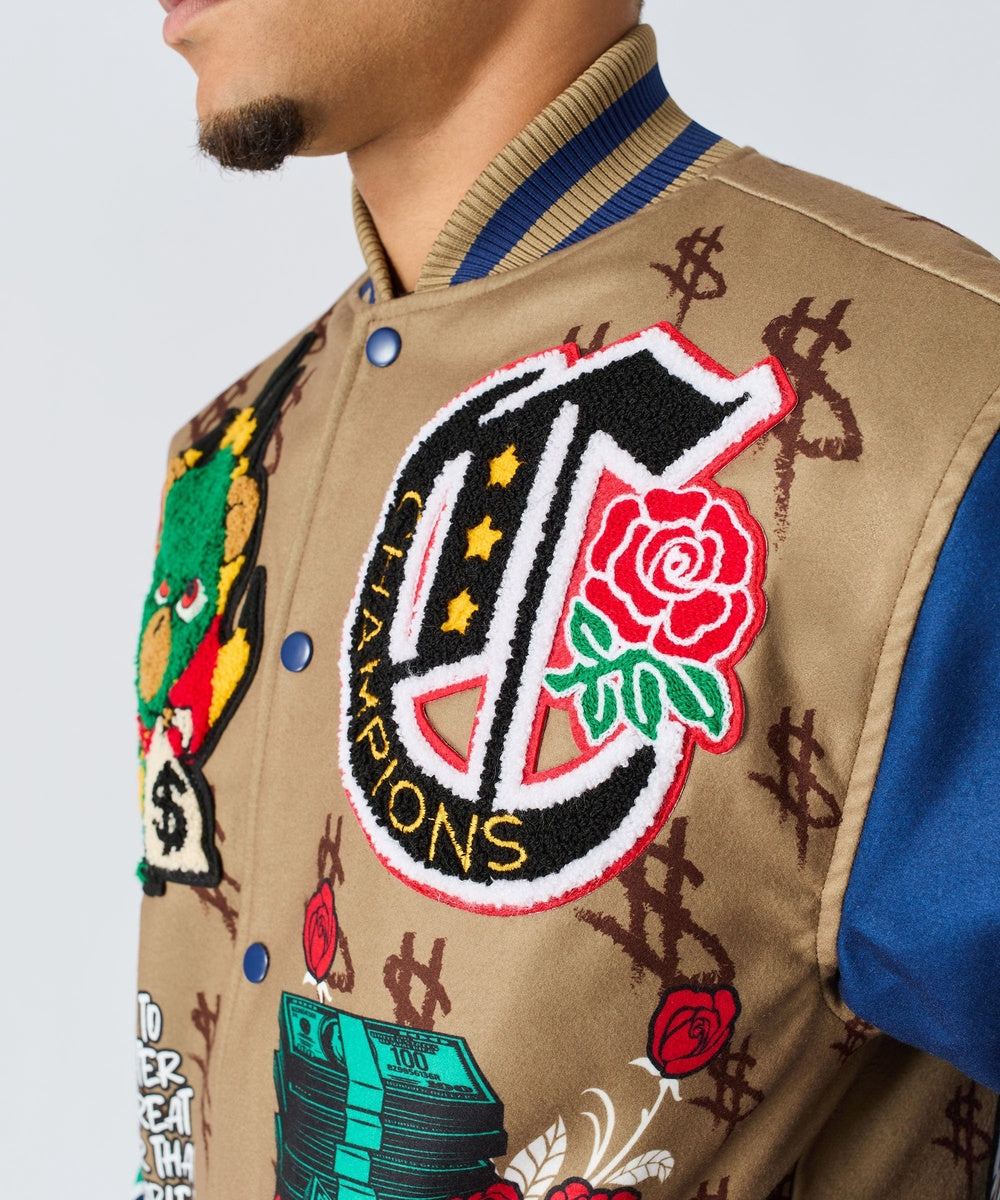  Reason Clothing Paper Chaser Chenille Patched Varsity Jacket - Khaki - KHAKI - Bonton