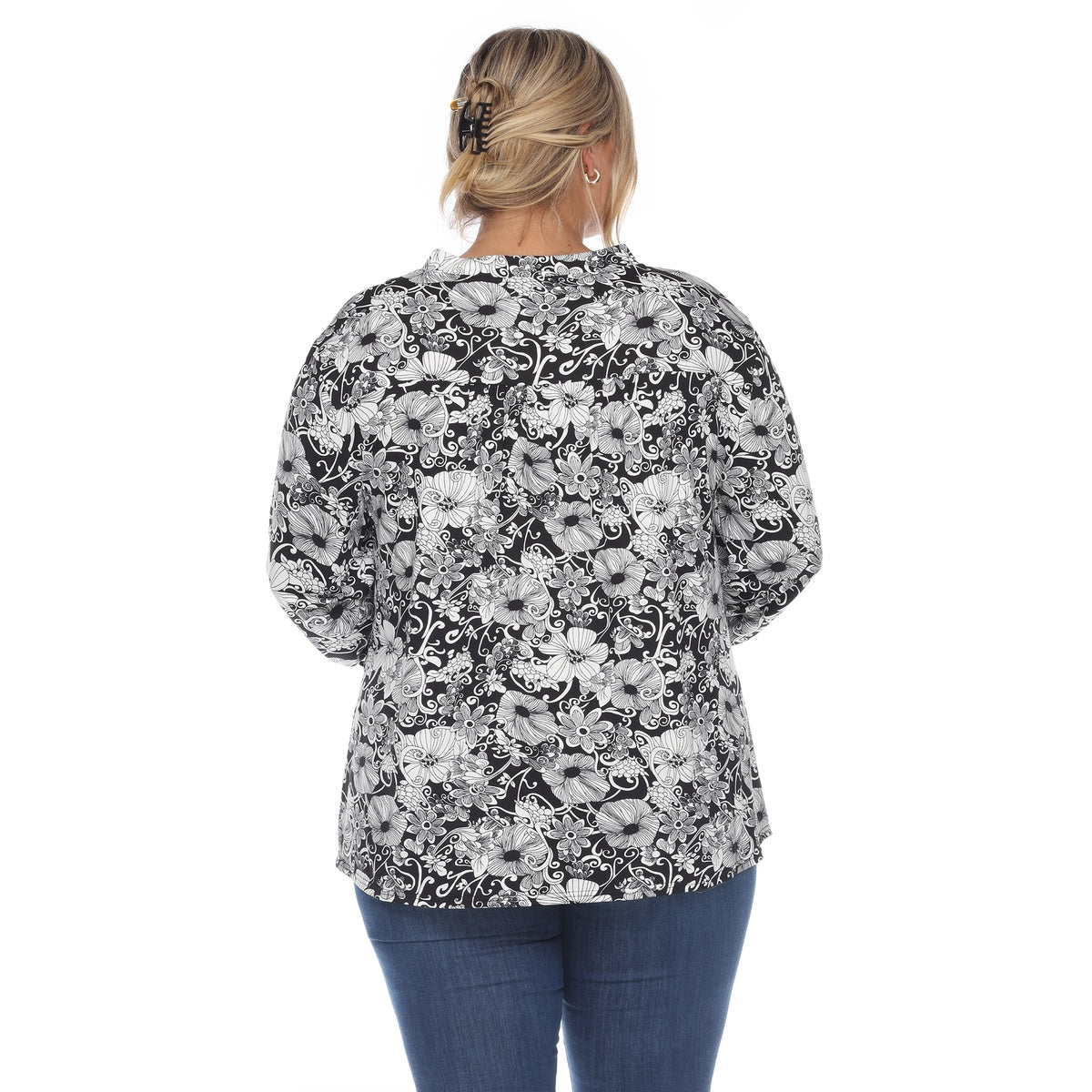  White Mark Plus Size Pleated Long Sleeve Floral Print Blouse - 1X - Bonton