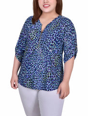 Plus Size 3/4 Roll Tab Zip Front Jacquard Knit Top