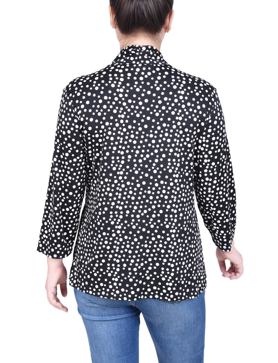  NY Collection Petite Puff Print 3/4 Sleeve Two-Fer Top - Jester Red Ivory Geo - Bonton