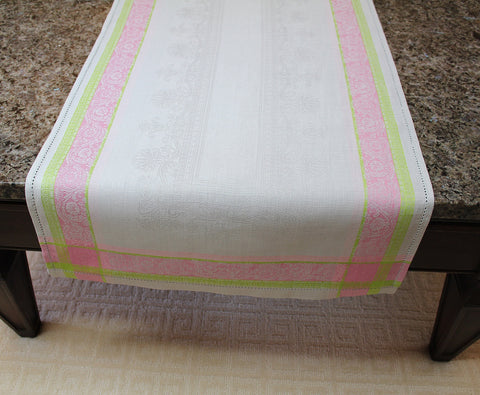Cleopatra 20" X 68"  Linen Table Runner - Chartreuse, Rose, and Pale Lavender