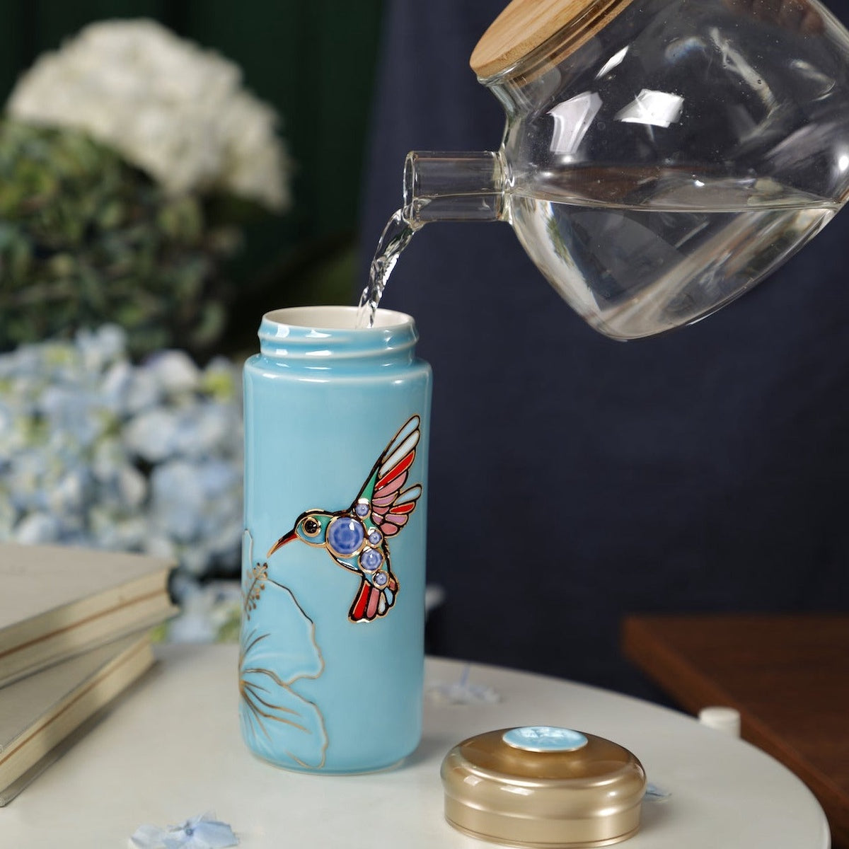  Acera The Hummingbird Travel Mug - Pink and Hand Painted Multi Colored Bird - Bonton