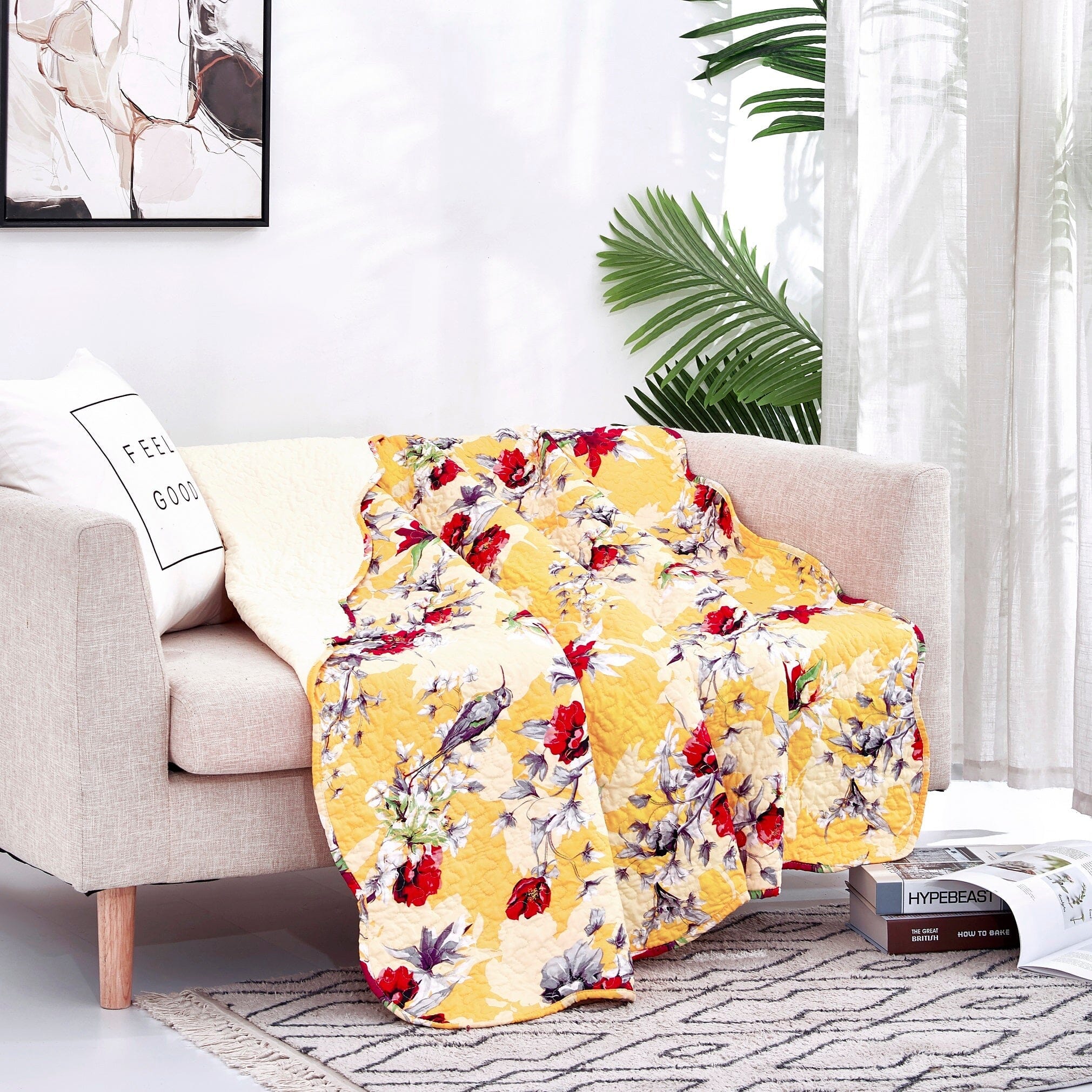  DaDa Bedding Collection DaDa Bedding Yellow Floral Quilted Throw Blanket - Hummingbirds Farmhouse Red Flowers for Couch, Sofa or Bed- Scalloped Edges - 50 x 60 by DaDa Bedding Collection - Default Title - Bonton