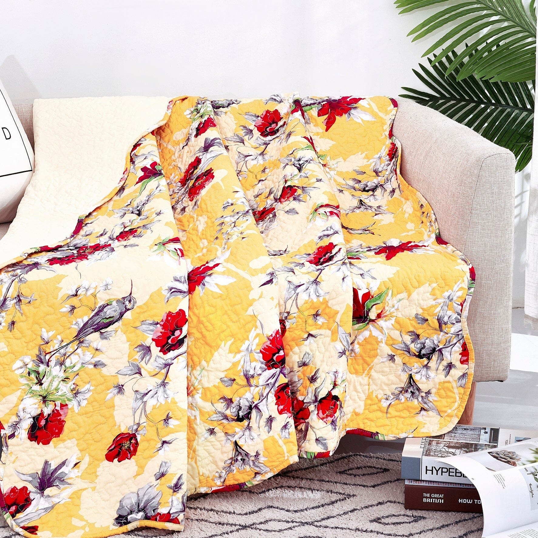  DaDa Bedding Collection DaDa Bedding Yellow Floral Quilted Throw Blanket - Hummingbirds Farmhouse Red Flowers for Couch, Sofa or Bed- Scalloped Edges - 50 x 60 by DaDa Bedding Collection - Default Title - Bonton