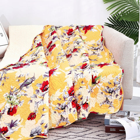 DaDa Bedding Yellow Floral Quilted Throw Blanket - Hummingbirds Farmhouse Red Flowers for Couch, Sofa or Bed- Scalloped Edges - 50 x 60 - DaDa Bedding Collection