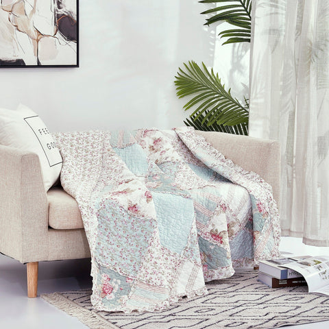 DaDa Bedding Cotton Cottage Floral Patchwork Quilted Throw Blanket - Reversible Hint of Mint - Ruffle Pastel Light Pink Blue/Green - 50 x 60 - DaDa Bedding Collection