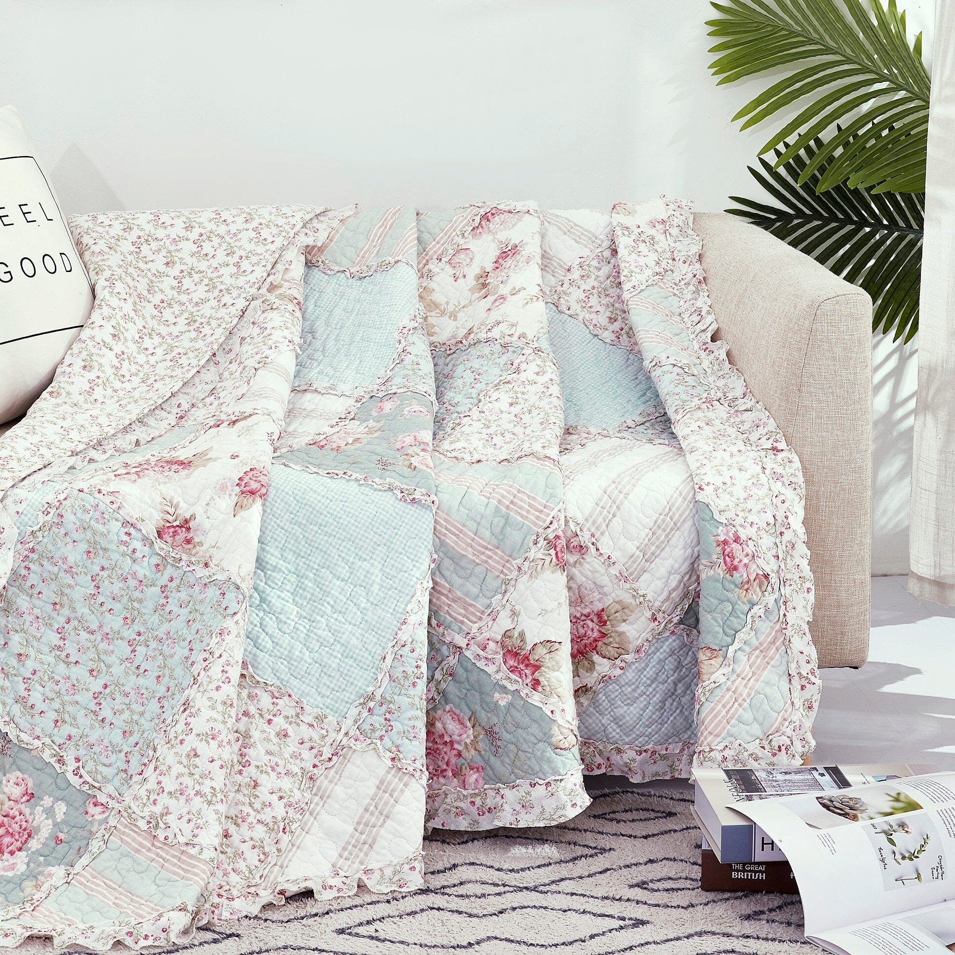  DaDa Bedding Collection DaDa Bedding Cotton Cottage Floral Patchwork Quilted Throw Blanket - Reversible Hint of Mint - Ruffle Pastel Light Pink Blue/Green - 50 x 60 by DaDa Bedding Collection - Default Title - Bonton