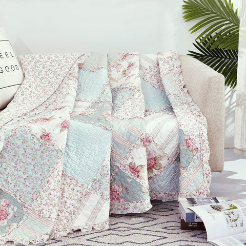 DaDa Bedding Cotton Cottage Floral Patchwork Quilted Throw Blanket - Reversible Hint of Mint - Ruffle Pastel Light Pink Blue/Green - 50 x 60 - DaDa Bedding Collection
