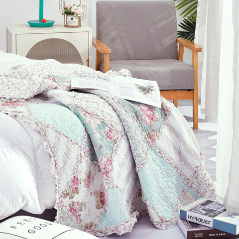 DaDa Bedding Cotton Cottage Floral Patchwork Quilted Throw Blanket - Reversible Hint of Mint - Ruffle Pastel Light Pink Blue/Green - 50 x 60 - DaDa Bedding Collection