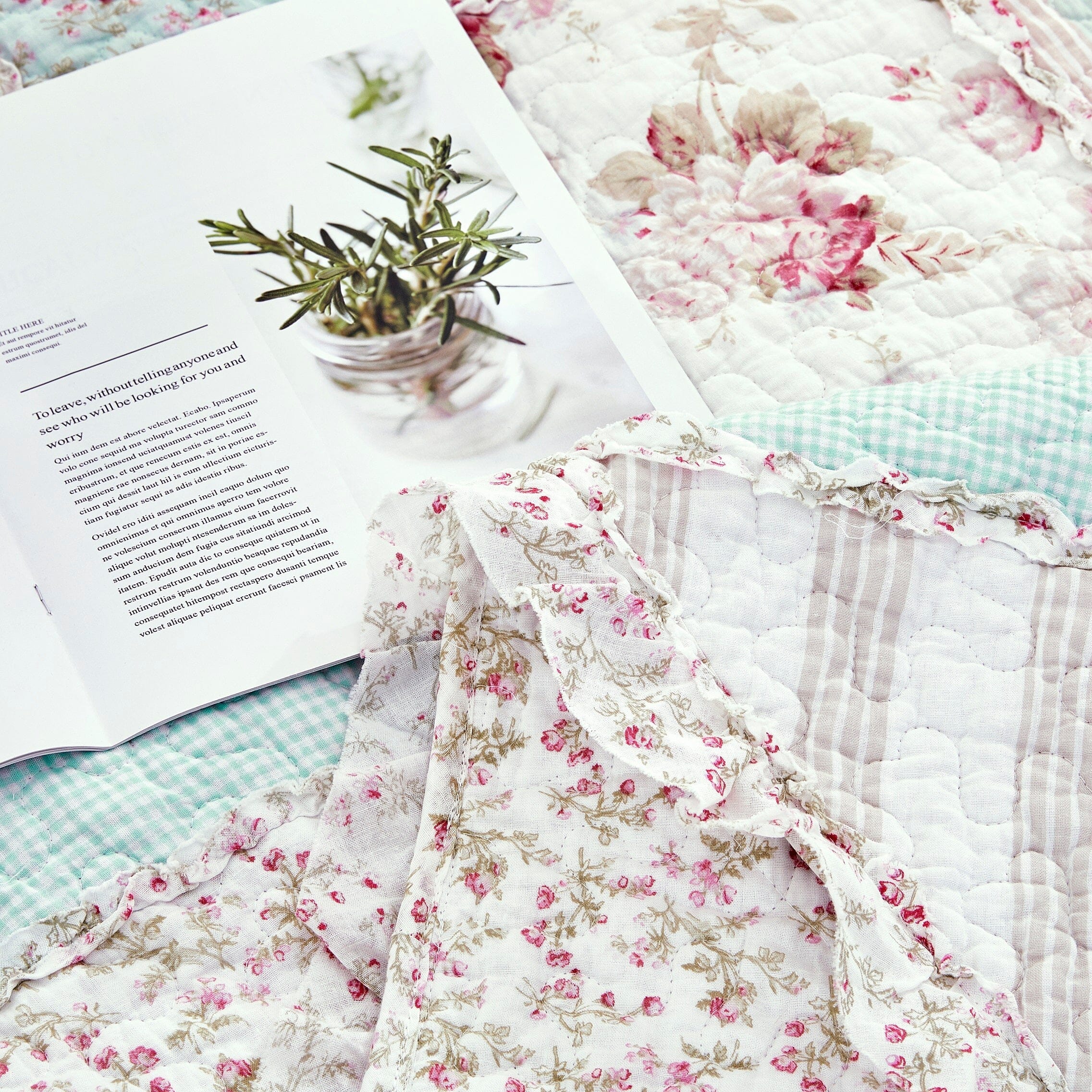  DaDa Bedding Collection DaDa Bedding Cotton Cottage Floral Patchwork Quilted Throw Blanket - Reversible Hint of Mint - Ruffle Pastel Light Pink Blue/Green - 50 x 60 by DaDa Bedding Collection - Default Title - Bonton