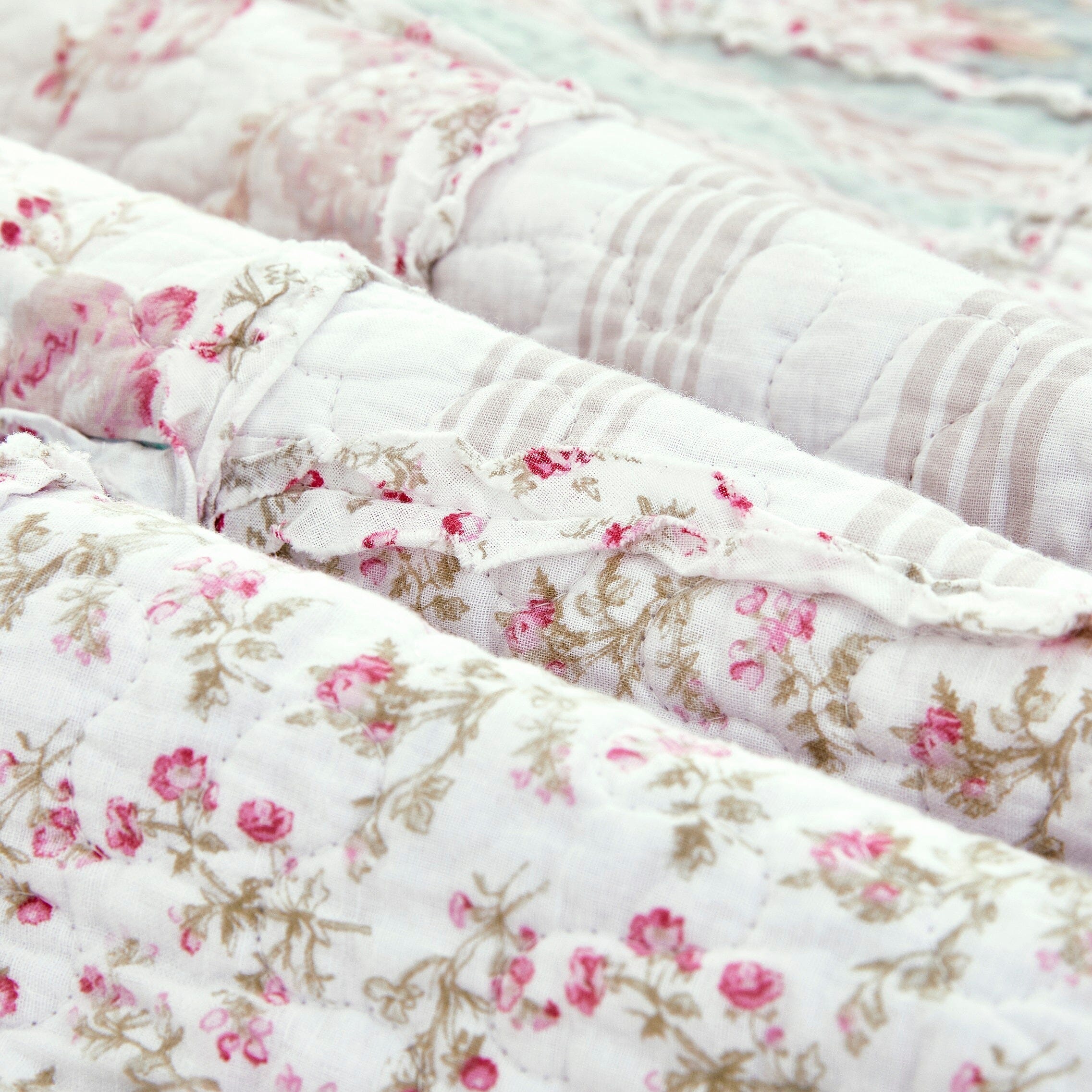  DaDa Bedding Collection DaDa Bedding Cotton Cottage Floral Patchwork Quilted Throw Blanket - Reversible Hint of Mint - Ruffle Pastel Light Pink Blue/Green - 50 x 60 by DaDa Bedding Collection - Default Title - Bonton