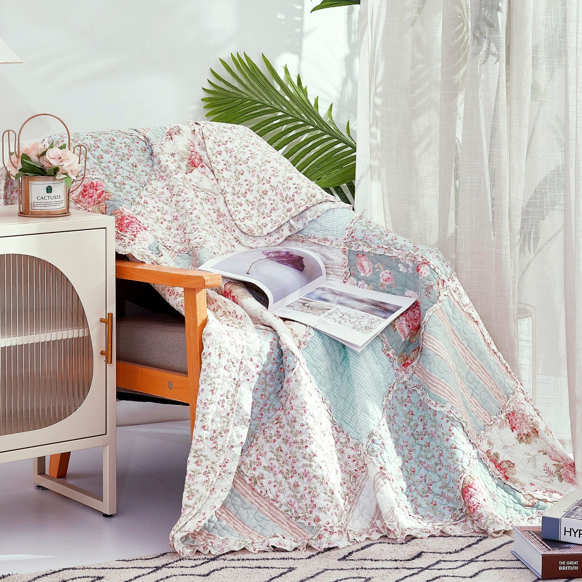  DaDa Bedding Collection DaDa Bedding Cotton Cottage Floral Patchwork Quilted Throw Blanket - Reversible Hint of Mint - Ruffle Pastel Light Pink Blue/Green - 50 x 60 by DaDa Bedding Collection - Default Title - Bonton