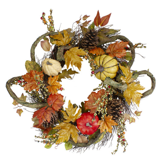 Sunflower  Pumpkin  Foliage and Pine Cone Fall Harvest Wreath - 24 Inch  Unlit