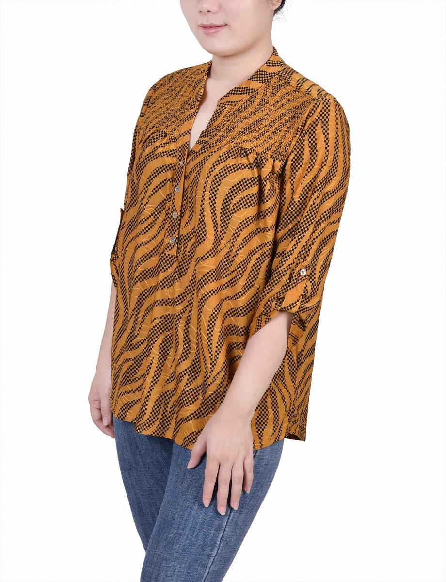  NY Collection Petite 3/4 Roll Tab Sleeve Smocked-Yoke Top - Etch Dark Blue - Bonton