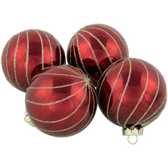 4ct Burgundy Red and Gold Glitter Striped Glass Christmas Ball Ornaments 3" (76mm)