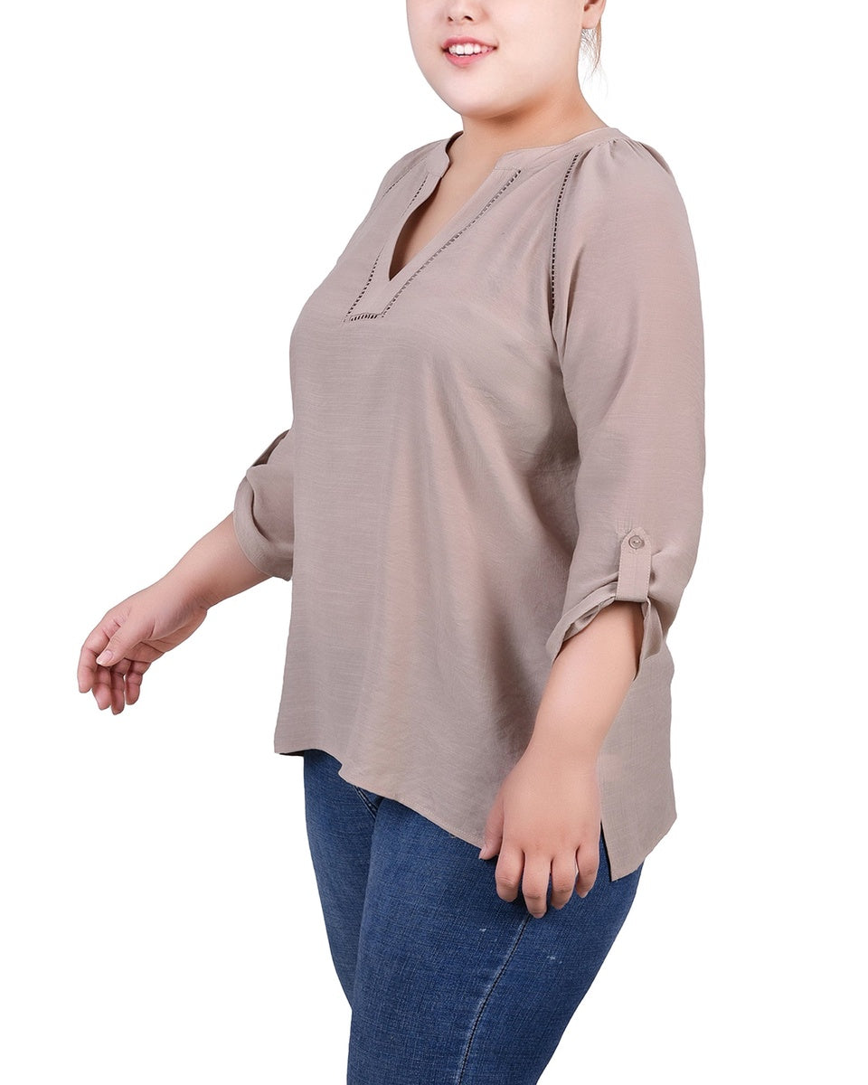  NY Collection Plus Size Raglan Sleeve Split Neck Blouse - Black - Bonton