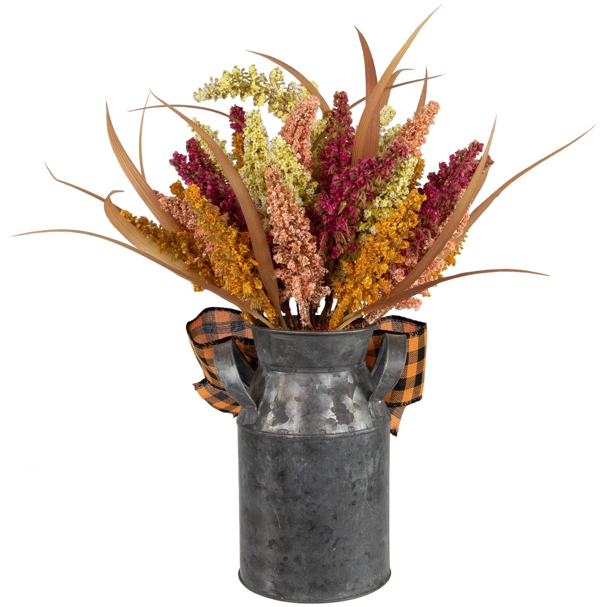  Northlight Autumn Harvest Foliage in Canister Floral Decoration With Checkered Bow - 18