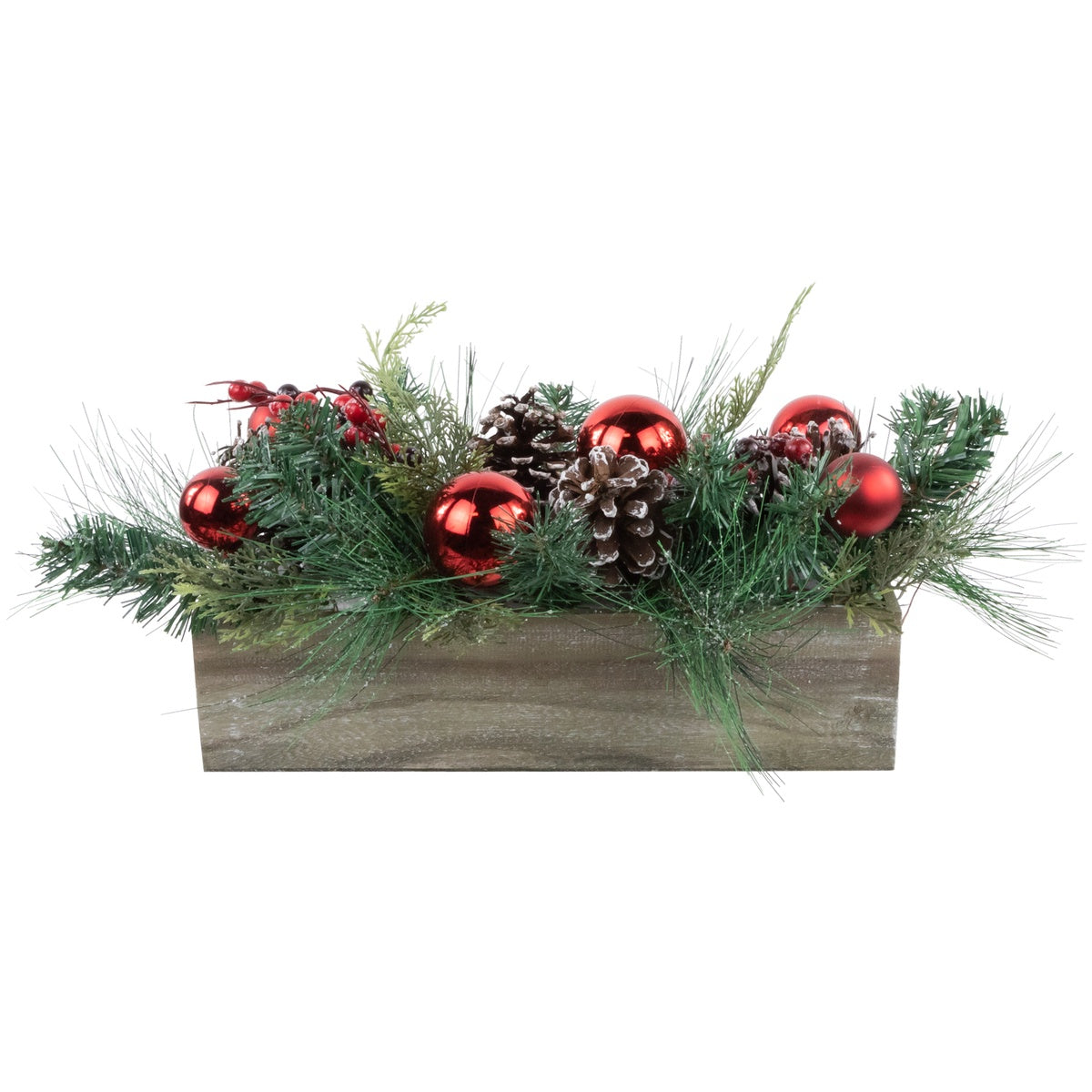  Northlight Mixed Pine and Red Ornaments Artificial Christmas Arrangement in Wood Planter - 24