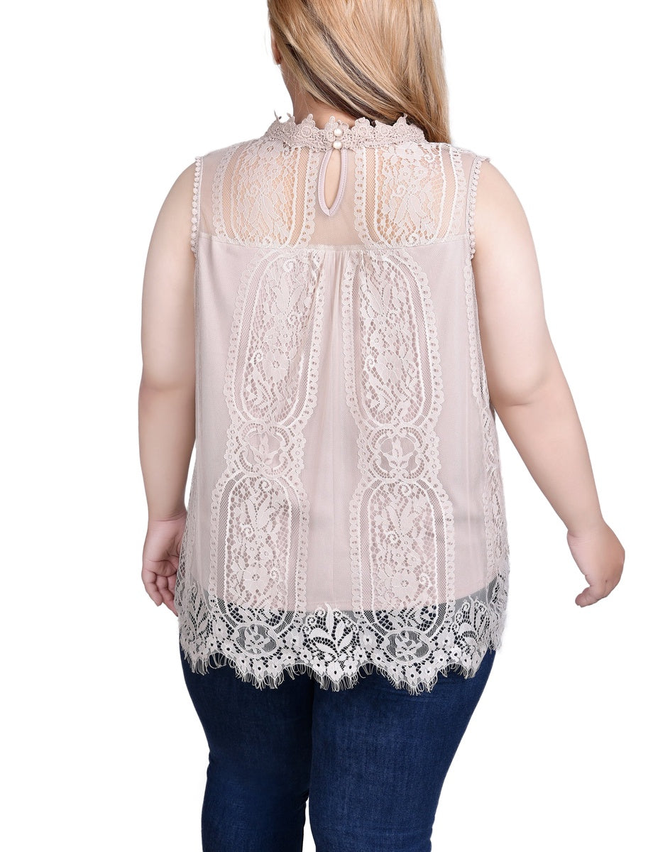  NY Collection Plus Size Sleeveless Mock Neck Lace Top - Black Nude - Bonton