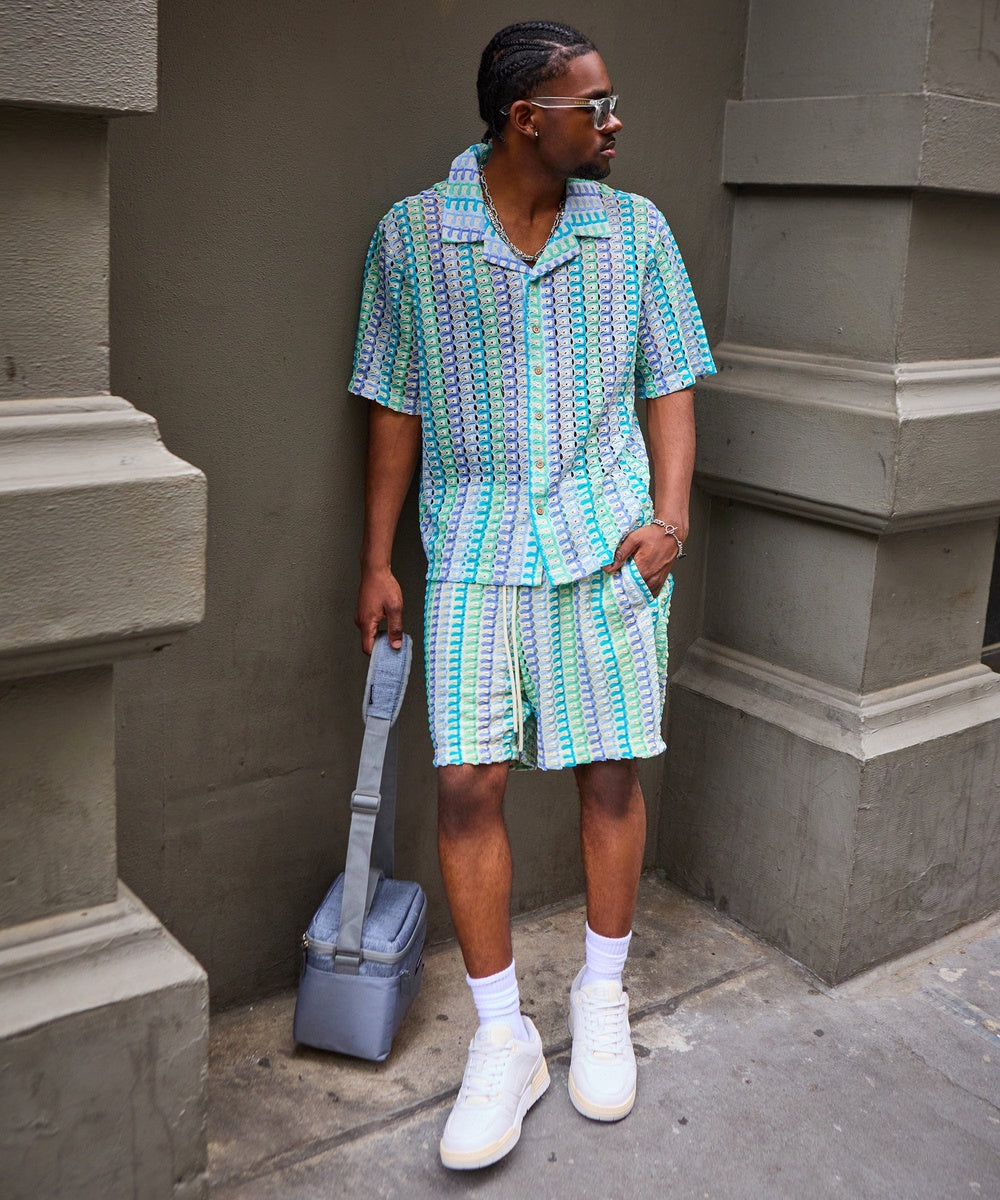  Reason Clothing Textured Knit Short Sleeve Button Down Shirt - Light Blue - MULTI - Bonton