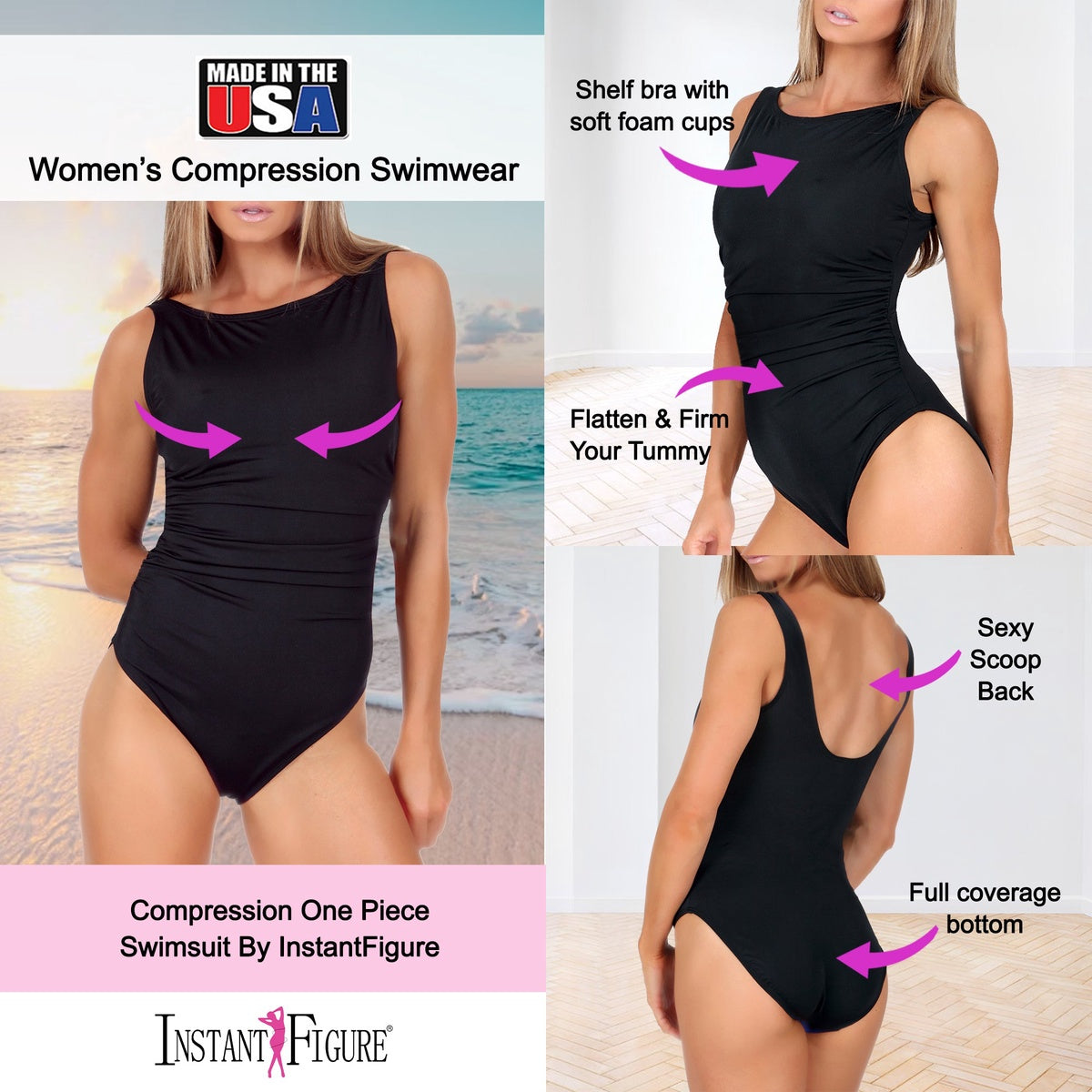  InstantFigure InstantFigure High-Neck One Piece Swimsuit 13591P - Black - Bonton